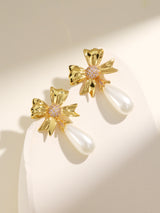 Classic French Style Bow Pearl Dangling Earrings