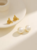 Yellow Gold Rose Flower Pearl Stud Earrings