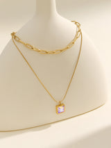 Fashion Block Gemstone Pendant Double Chain Gold Necklace