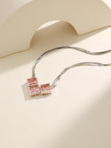 Gorgeous Silk Silver Pink Crystal Square Pendant Necklace