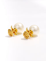 Yellow Gold Rose Flower Pearl Stud Earrings