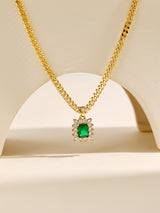 Baroque Diamond Set Square Emerald Pendant Gold Necklace