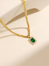 Baroque Diamond Set Square Emerald Pendant Gold Necklace