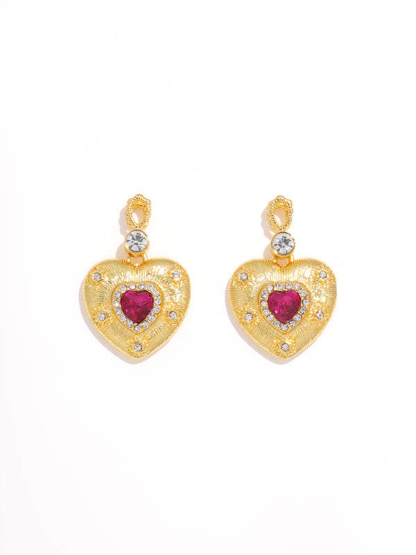 Golden Ruby Diamond Heart Shape Dangle Earrings