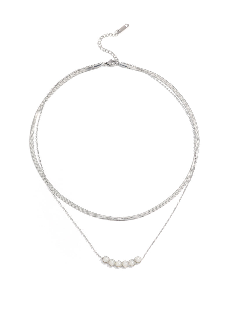Paris Classic Beaded Pendant Silver Double Chain Necklace