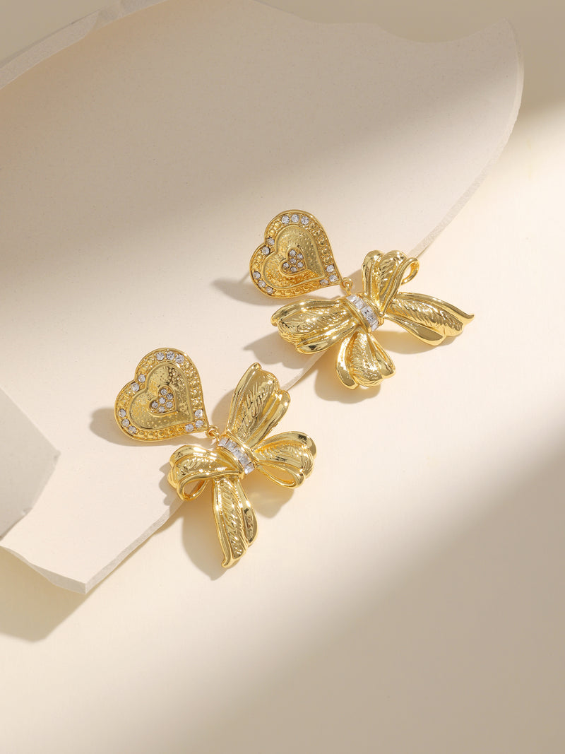 Medieval Vintage Rhinestone Heart Bow Drop Party Earrings