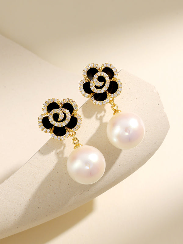 Elegant Camellia Pearl Drop Earrings