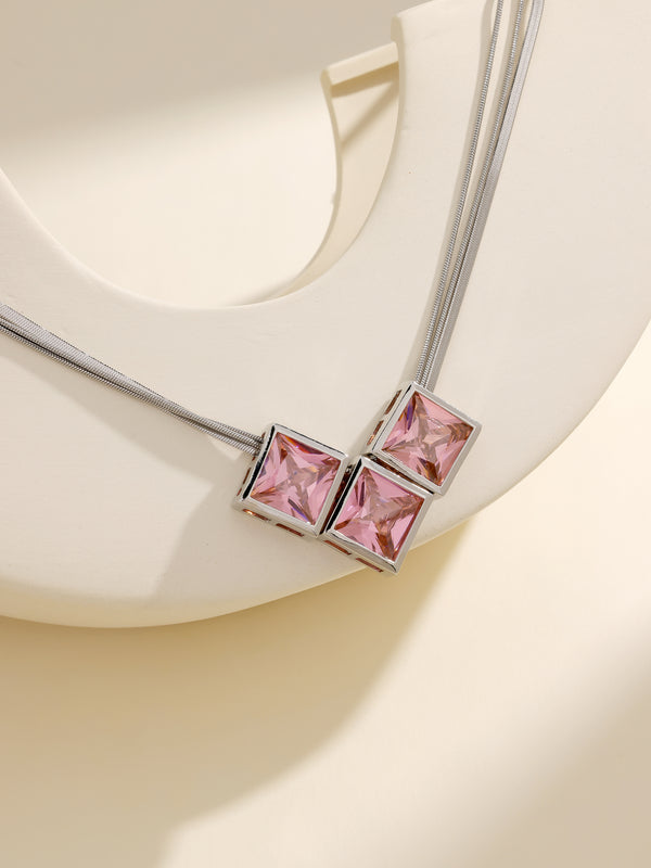 Gorgeous Silk Silver Pink Crystal Square Pendant Necklace