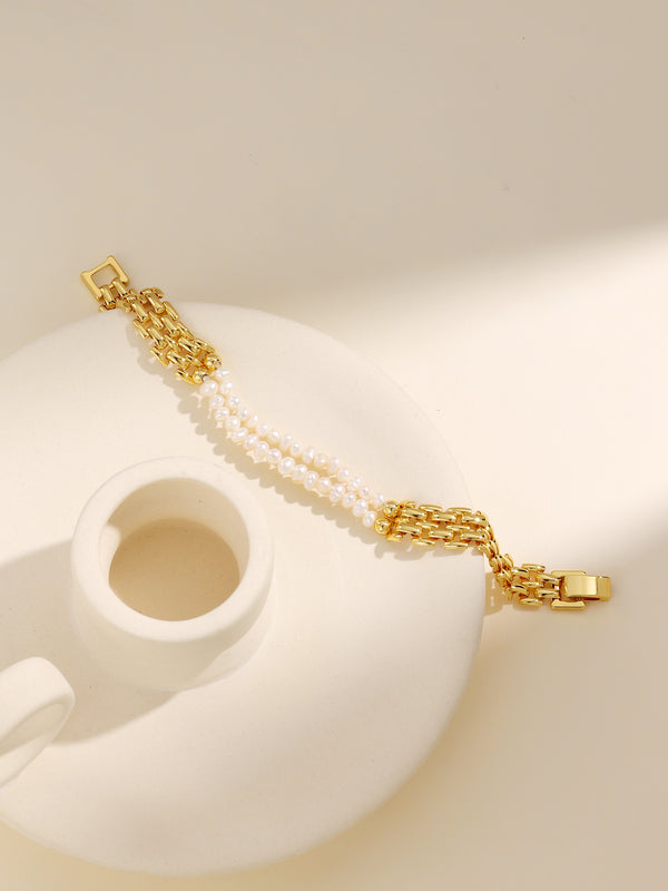Cuban Pearl Chain Decor Gold Bracelet