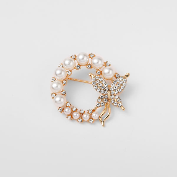 Elegant Diamond Butterfly Decor Wreath Pearl Brooch